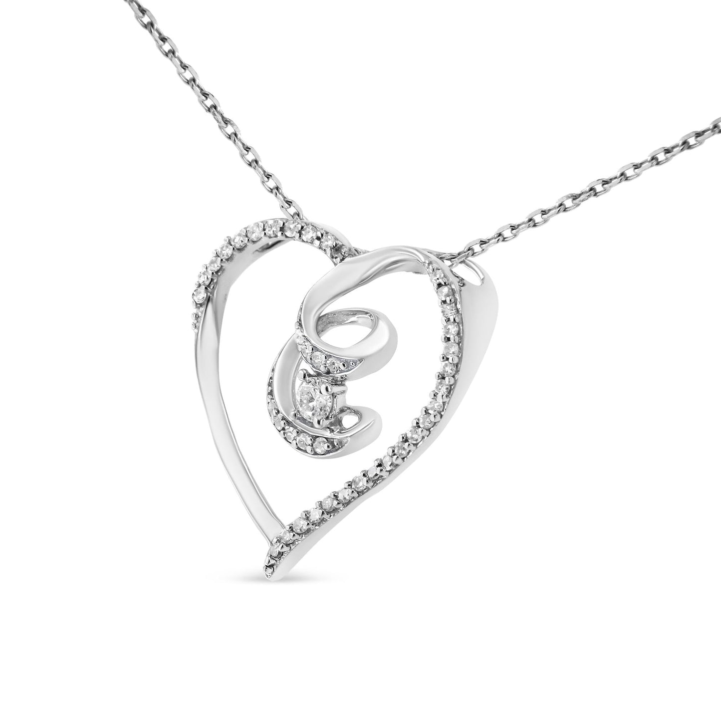 .925 Sterling Silver 1/4 Brilliant-Cut Diamond Open Heart Twisted Ribbon 18"