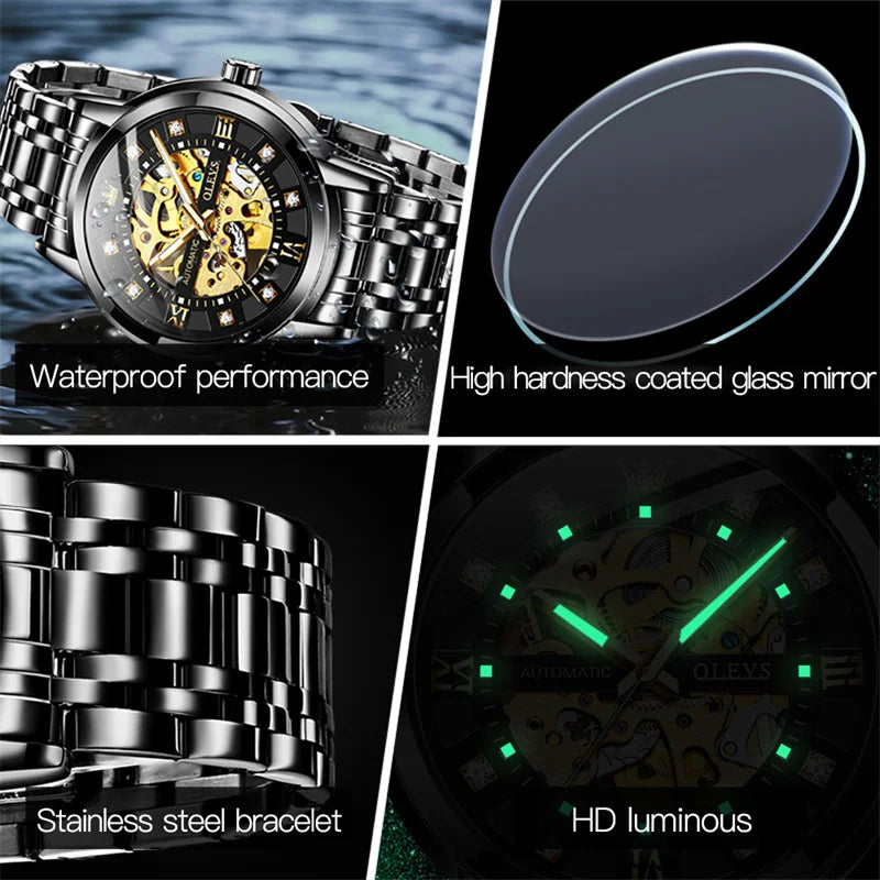 OLEVS Skeleton Watch Men Waterproof Luminous, Reloj Hombre